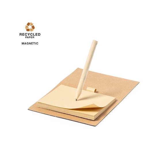  	Imán para notas de línea nature. Fabricado en resistente papel reciclado, incluye minilápiz de madera y bloc de notas con 40 hojas lisas en color crema.