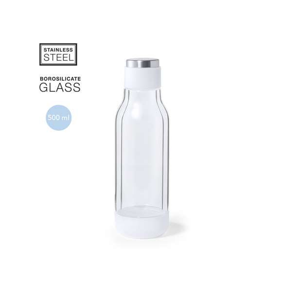 Bidón térmico de doble capa, de original diseño en alta calidad y de 500 ml de capacidad. Fabricado en cristal de borosilicato, que ofrece una resistencia, estética y durabilidad excepcionales, reduciendo así el consumo de productos de usar y tirar. Innovador cuerpo transparente que permite ver el interior en combinación con color blanco, fabricado con materiales de alto poder aislante. Presentado en atractiva caja de diseño.