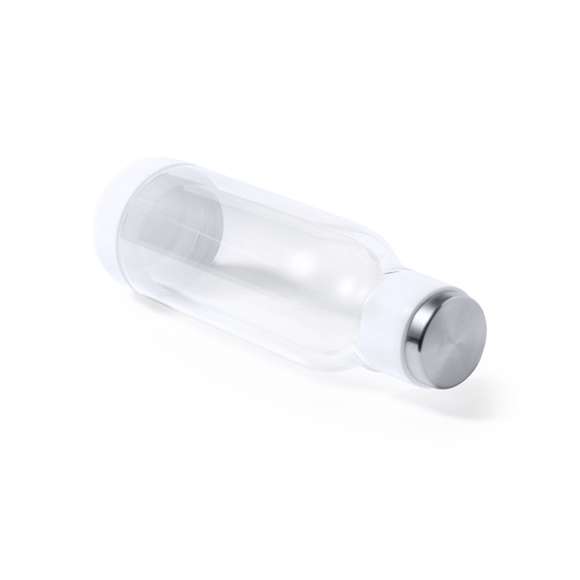 Bidón térmico de doble capa, de original diseño en alta calidad y de 500 ml de capacidad. Fabricado en cristal de borosilicato, que ofrece una resistencia, estética y durabilidad excepcionales, reduciendo así el consumo de productos de usar y tirar. Innovador cuerpo transparente que permite ver el interior en combinación con color blanco, fabricado con materiales de alto poder aislante. Presentado en atractiva caja de diseño.