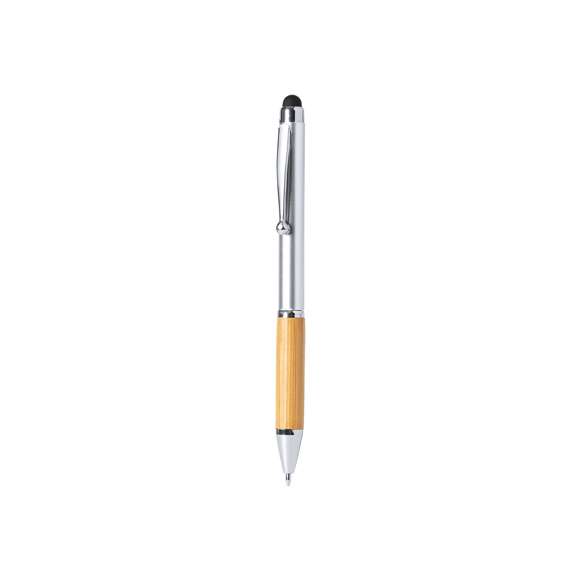 Elegante bolígrafo puntero de línea nature y mecanismo giratorio. Cuerpo en resistente ABS de acabado brillo y empuñadura en bambú, con accesorios a juego. Clip metálico y en tinta azul.