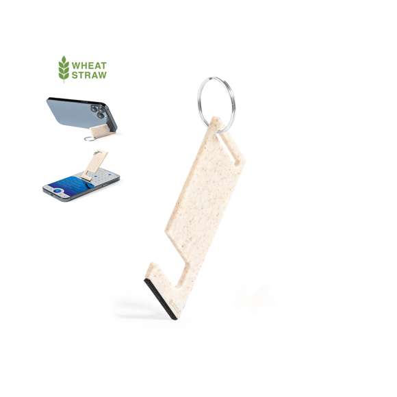 Llavero multifunción de línea nature fabricado en caña de trigo, para así fomentar la utilización de materias primas naturales y reducir las emisiones contaminantes. Con soporte para smartphone integrado y accesorio limpiapantallas incluido. Con distintivo caña de trigo en el cuerpo del llavero.