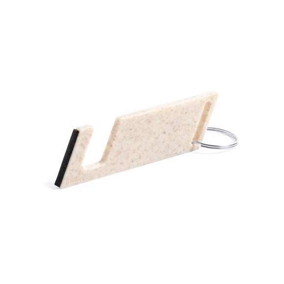 Llavero multifunción de línea nature fabricado en caña de trigo, para así fomentar la utilización de materias primas naturales y reducir las emisiones contaminantes. Con soporte para smartphone integrado y accesorio limpiapantallas incluido. Con distintivo caña de trigo en el cuerpo del llavero.
