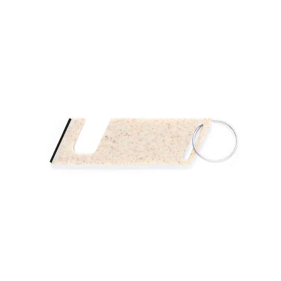 Llavero multifunción de línea nature fabricado en caña de trigo, para así fomentar la utilización de materias primas naturales y reducir las emisiones contaminantes. Con soporte para smartphone integrado y accesorio limpiapantallas incluido. Con distintivo caña de trigo en el cuerpo del llavero.