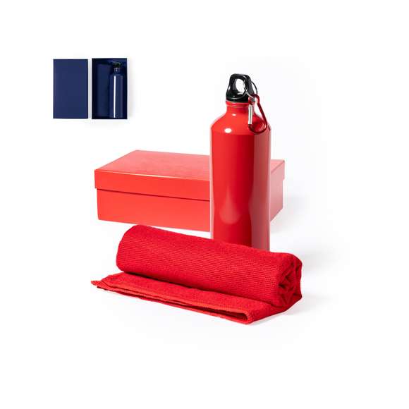 Set de bidón y toalla a juego. Incluye:  Bidón de 800 ml de capacidad con cuerpo en aluminio de acabado brillo. Con tapón de seguridad a rosca y mosquetón metálico de transporte.  Toalla absorbente fabricada en microfibra de 160g/m2 y tamaño 40x90 cm.  Set disponible en variada gama de colores y presentado en caja de cartón con colores a juego.