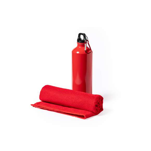 Set de bidón y toalla a juego. Incluye:  Bidón de 800 ml de capacidad con cuerpo en aluminio de acabado brillo. Con tapón de seguridad a rosca y mosquetón metálico de transporte.  Toalla absorbente fabricada en microfibra de 160g/m2 y tamaño 40x90 cm.  Set disponible en variada gama de colores y presentado en caja de cartón con colores a juego.