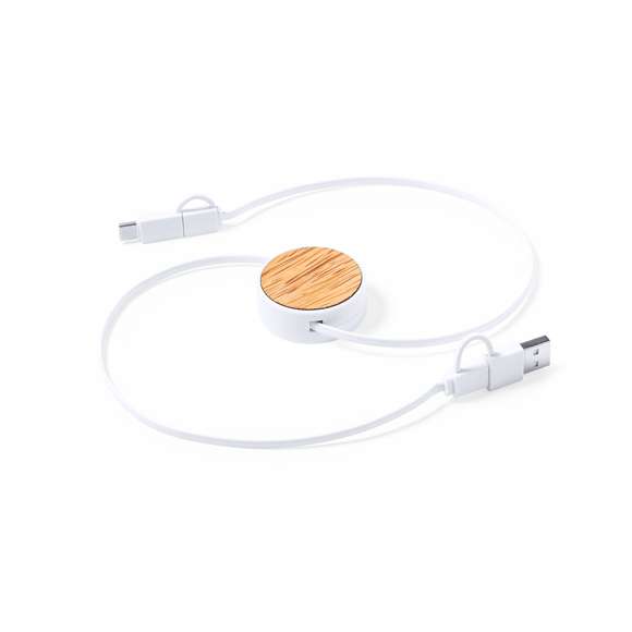  	Cable extensible USB con función cargador y de transferencia de datos. De línea nature y fabricado en coco del que, tras el consumo de su fruto, se pueden obtener multitud de productos, contribuyendo a la sostenibilidad del planeta y fomentando el uso de materias primas naturales. Conexiones Tipo C (entrada y salida), y dual Micro USB/Lightning. Con zona lisa para marcaje y presentado en caja individual de diseño eco en cartón kraft.
