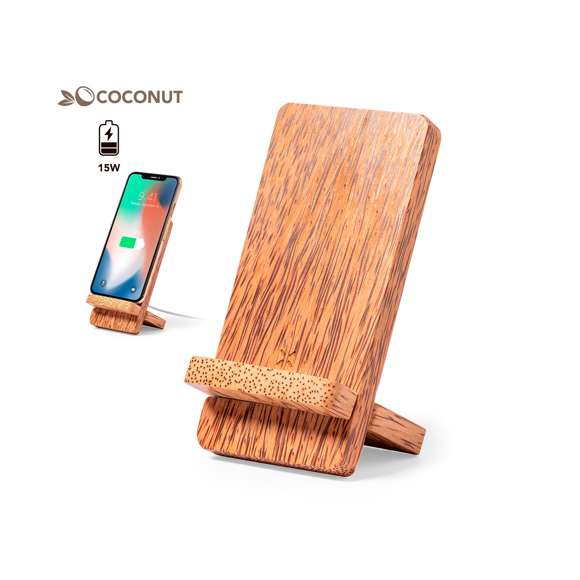 Cargador inalámbrico 15W de línea nature con función soporte para smartphone y fabricado en coco. Tras el consumo de su fruto, del coco y su planta se pueden obtener multitud de productos, contribuyendo a la sostenibilidad del planeta y fomentando el uso de materias primas naturales. Compatible con dispositivos equipados con tecnología de carga inalámbrica. Amplia superficie de marcaje y presentado en caja individual de diseño eco en cartón kraft.