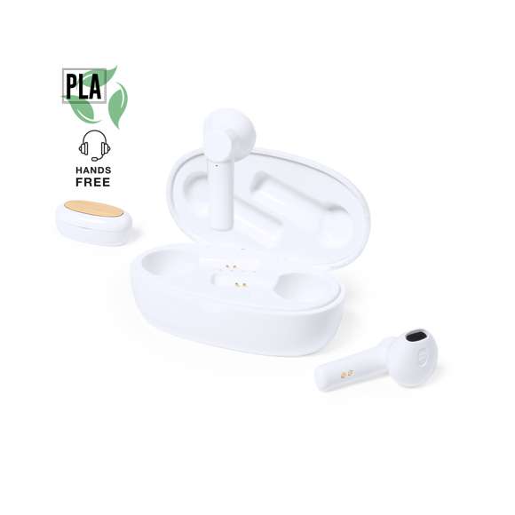 Auriculares intraurales de línea nature fabricados en resistente material PLA -Ácido PoliLáctico-, que se obtiene a partir de recursos 100% naturales como el almidón de maíz, la yuca o la caña de azúcar, pudiendo convertirse en 100% compostable al final de su ciclo de vida útil. Conexión Bluetooth® 5.0 y función manos libres, con elegante tapa en bambú. De diseño ergonómico, incluyen botón de control táctil integrado en el auricular, con base de carga a juego. Recargables, con cable Tipo C incluido. Presentados en caja individual de diseño eco en cartón kraft.