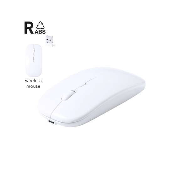 Ratón óptico inalámbrico con diseño ergonómico. Carcasa fabricada en ABS reciclado (RABS) y con certificación RCS, que garantiza el origen reciclado del mismo. Recargable USB (cable incluido) y presentado en caja individual de diseño eco en cartón kraft.