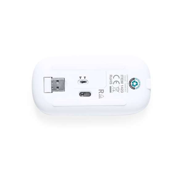 Ratón óptico inalámbrico con diseño ergonómico. Carcasa fabricada en ABS reciclado (RABS) y con certificación RCS, que garantiza el origen reciclado del mismo. Recargable USB (cable incluido) y presentado en caja individual de diseño eco en cartón kraft.
