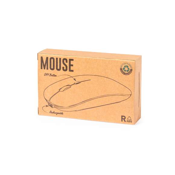 Ratón óptico inalámbrico con diseño ergonómico. Carcasa fabricada en ABS reciclado (RABS) y con certificación RCS, que garantiza el origen reciclado del mismo. Recargable USB (cable incluido) y presentado en caja individual de diseño eco en cartón kraft.