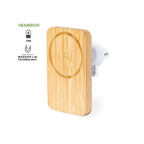 Soporte de rejilla de coche para smartphone de línea nature y fabricado en bambú. Con cargador inalámbrico 15W integrado y fijación magnética para poder usar el dispositivo mientras se está cargando. Incluye anillo adhesivo, siendo válido para todos los dispositivos con tecnología Magsafe y Qi. Presentado en caja individual de diseño eco en cartón kraft.
