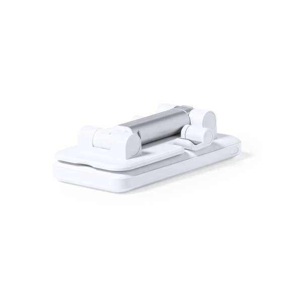Soporte multifunción plegable todo en uno, fabricado en resistente ABS blanco. Regulable en altura y ángulo para una óptima visualización de la pantalla del smartphone. Cargador inalámbrico 10W integrado y batería de 5.000 mAh, con entrada/salida Tipo C, entrada micro USB y dos salidas USB. Compatible con dispositivos móviles de carga inalámbrica, incluye cable cargador Tipo C y viene presentado en una atractiva caja de diseño.  Las capacidades mostradas en todas nuestras baterías auxiliares externas son reales, incorporando todas ellas baterías de grado A y no recicladas, con una vida útil de al menos 500 ciclos de carga y según normativa CE. Además, están fabricadas conforme a los estándares RoHS y en cumplimiento con los siguientes requisitos de seguridad:  Sistema de protección contra sobrecarga del power bank. Sistema de protección contra descarga completa que proporciona una mayor durabilidad del power bank. Sistema de bloqueo para evitar cortocircuitos. Sistema de transferencia de carga constante, acorde con la capacidad del dispositivo de destino.