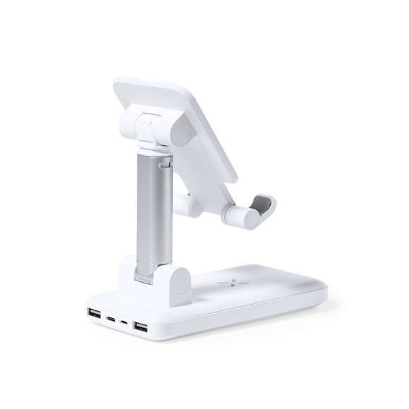Soporte multifunción plegable todo en uno, fabricado en resistente ABS blanco. Regulable en altura y ángulo para una óptima visualización de la pantalla del smartphone. Cargador inalámbrico 10W integrado y batería de 5.000 mAh, con entrada/salida Tipo C, entrada micro USB y dos salidas USB. Compatible con dispositivos móviles de carga inalámbrica, incluye cable cargador Tipo C y viene presentado en una atractiva caja de diseño.  Las capacidades mostradas en todas nuestras baterías auxiliares externas son reales, incorporando todas ellas baterías de grado A y no recicladas, con una vida útil de al menos 500 ciclos de carga y según normativa CE. Además, están fabricadas conforme a los estándares RoHS y en cumplimiento con los siguientes requisitos de seguridad:  Sistema de protección contra sobrecarga del power bank. Sistema de protección contra descarga completa que proporciona una mayor durabilidad del power bank. Sistema de bloqueo para evitar cortocircuitos. Sistema de transferencia de carga constante, acorde con la capacidad del dispositivo de destino.