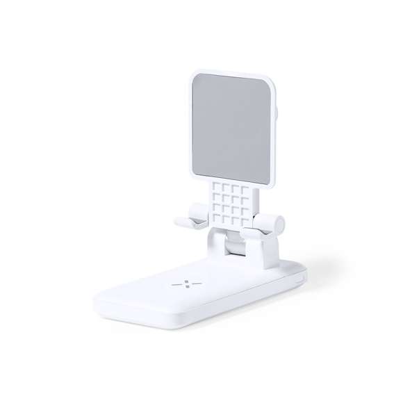Soporte multifunción plegable todo en uno, fabricado en resistente ABS blanco. Regulable en altura y ángulo para una óptima visualización de la pantalla del smartphone. Cargador inalámbrico 10W integrado y batería de 5.000 mAh, con entrada/salida Tipo C, entrada micro USB y dos salidas USB. Compatible con dispositivos móviles de carga inalámbrica, incluye cable cargador Tipo C y viene presentado en una atractiva caja de diseño.  Las capacidades mostradas en todas nuestras baterías auxiliares externas son reales, incorporando todas ellas baterías de grado A y no recicladas, con una vida útil de al menos 500 ciclos de carga y según normativa CE. Además, están fabricadas conforme a los estándares RoHS y en cumplimiento con los siguientes requisitos de seguridad:  Sistema de protección contra sobrecarga del power bank. Sistema de protección contra descarga completa que proporciona una mayor durabilidad del power bank. Sistema de bloqueo para evitar cortocircuitos. Sistema de transferencia de carga constante, acorde con la capacidad del dispositivo de destino.