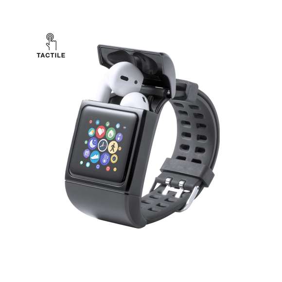  	Reloj inteligente multigadget con auriculares intraurales integrados en la carcasa. Con conexión Bluetooth® y diseño casual, correa en material TPU y pantalla TFT táctil de 1,30 pulgadas, que lo convierten en el gadget perfecto para todo tipo de actividades deportivas, de ocio y para el día a día. 	 	Resistente a salpicaduras de agua, con APP disponible para iOS y Android. Recargable por USB (cable incluido) y presentado en atractiva caja de diseño. Disponible manual de instrucciones en español e inglés.