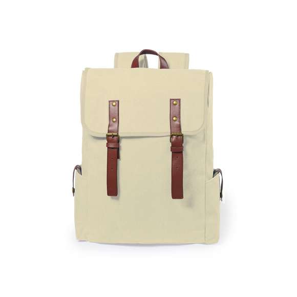  	Mochila de diseño atemporal, fabricada en resistente canvas de 480g/m2, con cintas de cierre y asa de transporte en polipiel. Interior acolchado con compartimentos independientes para tablet de hasta 10 pulgadas y ordenador portátil de hasta 15 pulgadas. Con prácticos bolsillos laterales en el exterior, espalda acolchada y cintas para hombros ajustables y acolchadas.