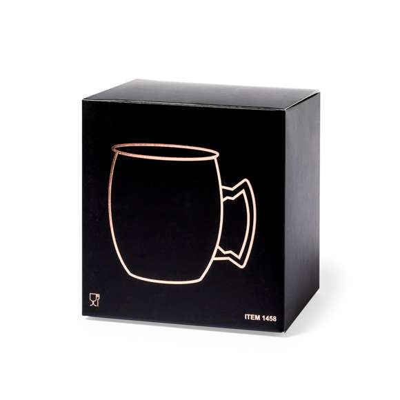 Taza de 500 ml de capacidad en acero inox con recubrimiento exterior de cobre galvanizado. Innovador diseño de asa y presentada en atractiva caja individual.