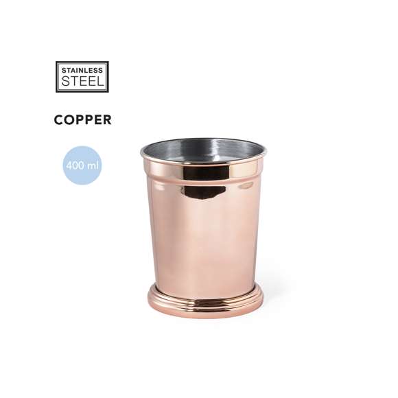 Vaso de 400 ml de capacidad en acero inox con recubrimiento exterior de cobre galvanizado. De innovador diseño y presentado en atractiva caja individual.