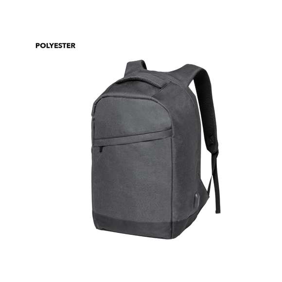 Mochila en resistente poliéster 600D de alta calidad. Con bolsillo antirrobo en la espalda para guardar objetos de valor. Compartimento interior con salida USB para conexión de powerbank -no incluido- y bolsillo exterior con cremallera invisible. Acolchado en asa, parte trasera y cintas para hombros, que además son ajustables. Interior con compartimentos acolchados para ordenador portátil de hasta 15 pulgadas y tablet de hasta 10 pulgadas. Accesorio en espalda para ajuste en trolley.