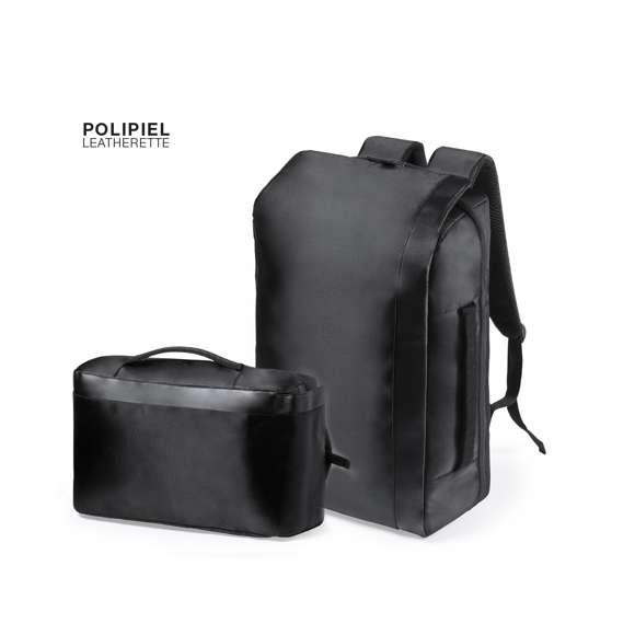  	Elegante mochila fabricada en resistente poliéster con detalles en polipiel. Con gran solapa frontal y compartimento principal con cierre de cremallera de doble tirador. Interior con bolsillos acolchados para tablet de hasta 12 pulgadas y ordenador portátil de hasta 17 pulgadas. Asa de transporte lateral acolchada y accesorio de ajuste en trolley, con bolsillo antirrobo en parte trasera. Espalda y cintas de hombros acolchadas y ajustables.