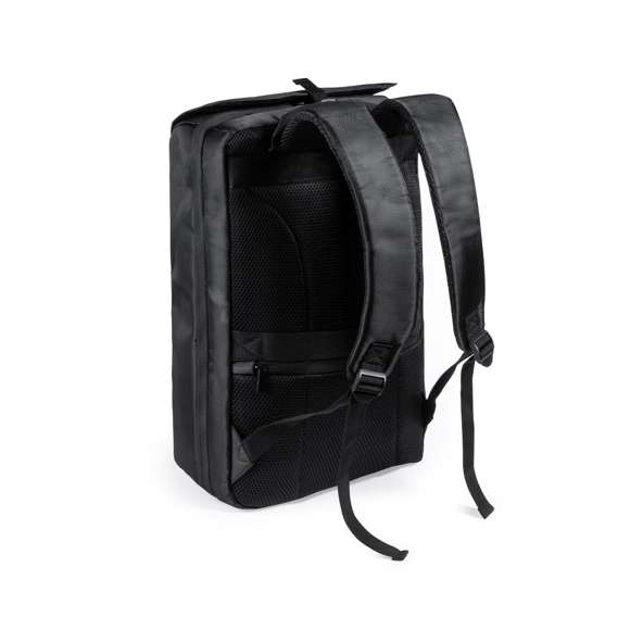 	Elegante mochila fabricada en resistente poliéster con detalles en polipiel. Con gran solapa frontal y compartimento principal con cierre de cremallera de doble tirador. Interior con bolsillos acolchados para tablet de hasta 12 pulgadas y ordenador portátil de hasta 17 pulgadas. Asa de transporte lateral acolchada y accesorio de ajuste en trolley, con bolsillo antirrobo en parte trasera. Espalda y cintas de hombros acolchadas y ajustables.