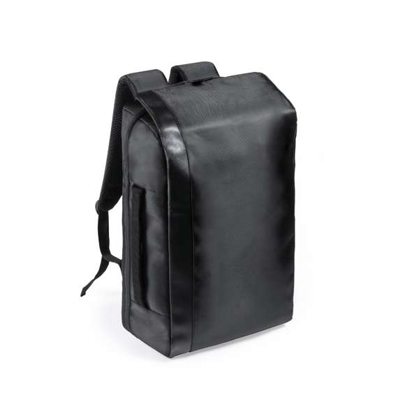  	Elegante mochila fabricada en resistente poliéster con detalles en polipiel. Con gran solapa frontal y compartimento principal con cierre de cremallera de doble tirador. Interior con bolsillos acolchados para tablet de hasta 12 pulgadas y ordenador portátil de hasta 17 pulgadas. Asa de transporte lateral acolchada y accesorio de ajuste en trolley, con bolsillo antirrobo en parte trasera. Espalda y cintas de hombros acolchadas y ajustables.