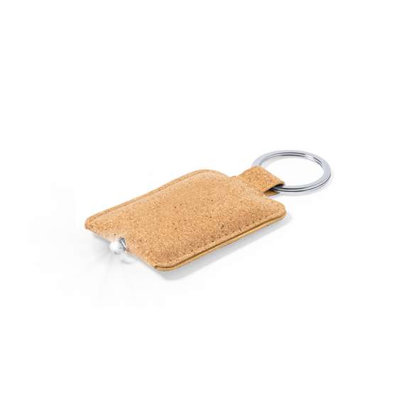 Llavero linterna de línea nature fabricado en corcho natural. Con luz led que se activa presionando el cuerpo del llavero. Con amplia superficie de marcaje y alimentación a pilas (de botón incluidas).