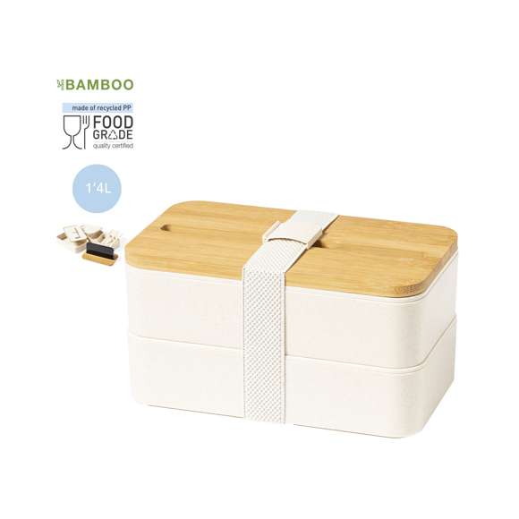 Original set de fiambreras de 1,4l en resistente material PP veteado libre de BPA. Original tapa de bambú con soporte para smartphone integrado. Dos compartimentos, cada uno de 700 ml de capacidad y compartimento interior con tenedor, cuchara y cuchillo. Incluye cinta de seguridad exterior. Certificación Food Grade, garantizando la seguridad cuando los alimentos entran en contacto con el material usado para fabricar el producto.
