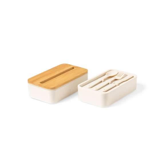 Original set de fiambreras de 1,4l en resistente material PP veteado libre de BPA. Original tapa de bambú con soporte para smartphone integrado. Dos compartimentos, cada uno de 700 ml de capacidad y compartimento interior con tenedor, cuchara y cuchillo. Incluye cinta de seguridad exterior. Certificación Food Grade, garantizando la seguridad cuando los alimentos entran en contacto con el material usado para fabricar el producto.