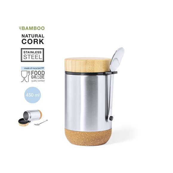 Fiambrera de línea nature y 450 ml de capacidad. Cuerpo en acero inox, con base de corcho para mantener la temperatura y tapón de seguridad en bambú, con accesorio de fijación para la cuchara de acero inox (incluida). Presentada en caja individual de diseño eco en cartón kraft.