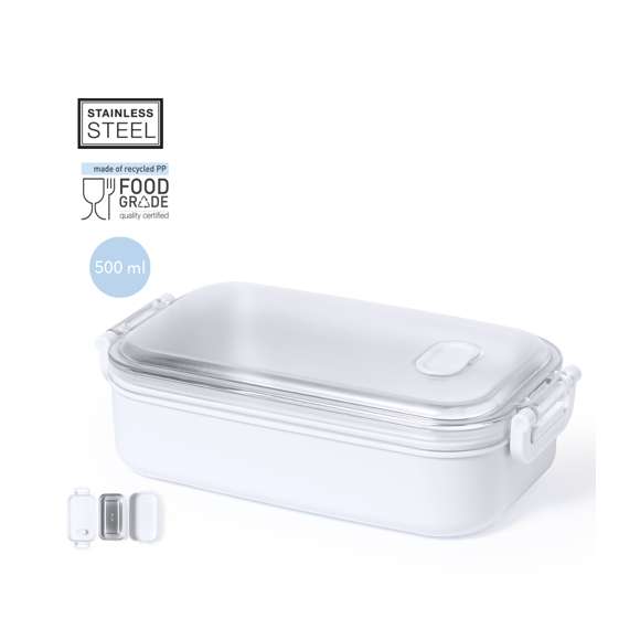  	Fiambrera térmica de 500 ml de capacidad, diseñada para mantener la temperatura durante largos períodos de tiempo. Cuerpo en resistente PP, con bandeja interior en acero inox y cierre de seguridad hermético. Ideal para una correcta conservación del calor, con posibilidad de prolongación añadiendo agua caliente.