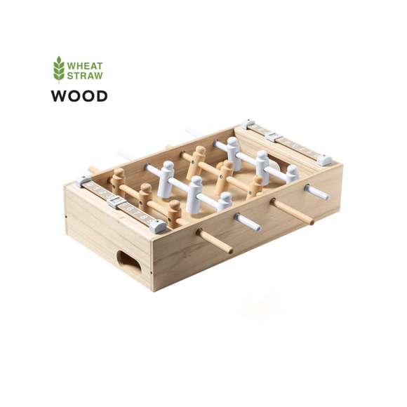 Minifutbolín fabricado en resistente madera. Incluye 2 bolas y marcadores en cana de trigo, para así fomentar la utilización de materias primas naturales y reducir las emisiones contaminantes. Pon a prueba tu habilidad con este divertido y adictivo juego. Presentado en atractiva caja individual de diseño y con acabado kraft.