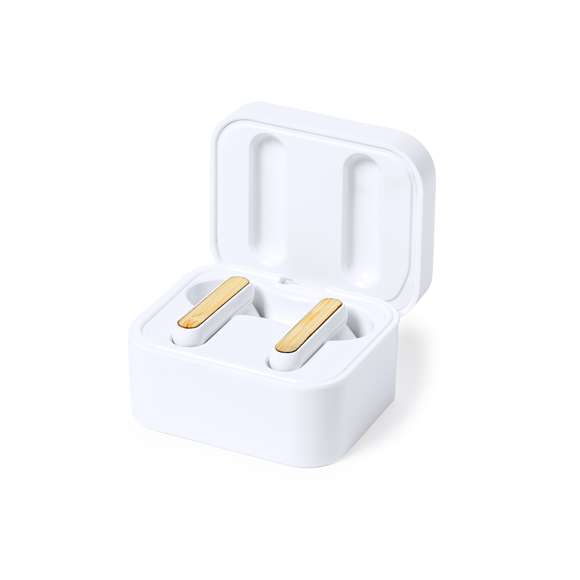 Auriculares intraurales de línea nature. Fabricados en resistente ABS con detalles en bambú en auriculares y base. Conexión Bluetooth® 5.0 y función manos libres, con botón de control táctil en el auricular. Incluye cargador inalámbrico 10W integrado en la tapa de bambú de la base de caga. Recargables por USB, con cable Tipo C incluido. Presentados en caja individual de diseño eco en cartón kraft.