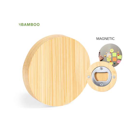 Original abridor magnético de línea nature, fabricado en resistente bambú, con sistema de apertura metálico.