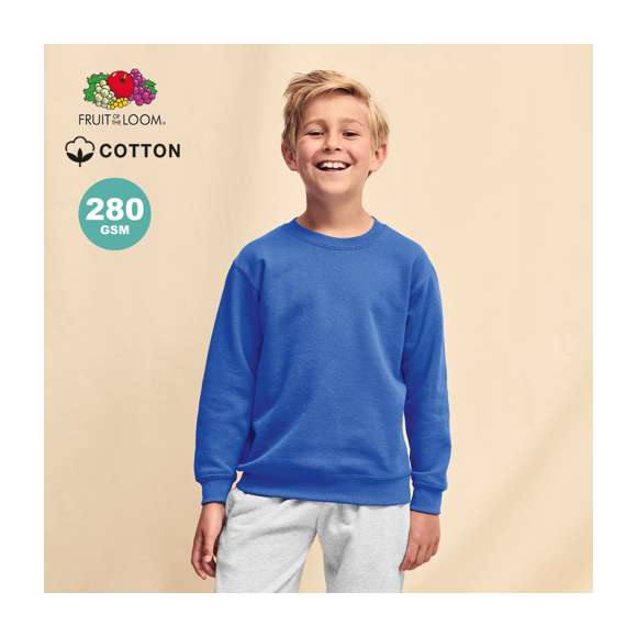 Sudadera para niño Classic Set-In Sweat de Fruit Of The Loom. Fabricada en combinación de materiales 80% algodón + 20% poliéster de 280g/m2. Con tapeta de hombro a hombro en punto liso y cuello, cintura y puños en algodón/ LYCRA®. Con etiqueta fácilmente removible y disponible en variada gama de colores. Tallas 3-4, 5-6, 7-8, 9-11, 12-13, 14-15.