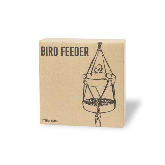 Comedero colgante para pájaro. Con dos recipientes fabricados en fibra de bambú (medidas 15 x 4 cm cada uno) y resistente cuerda de algodón natural. Presentación en caja individual de diseño kraft.