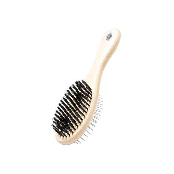 Cepillo para mascotas con cuerpo en resistente madera natural. Con dos tipos de cepillo diferentes, uno en cada lado.