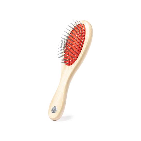 Cepillo para mascotas con cuerpo en resistente madera natural. Con dos tipos de cepillo diferentes, uno en cada lado.