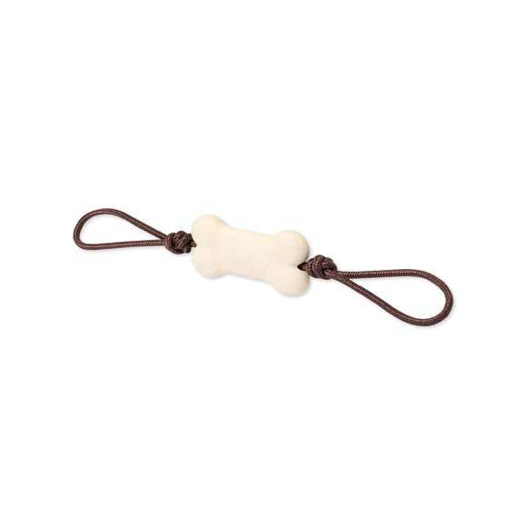 Mordedor para mascotas, con hueso fabricado en resistente material TPR, seguro e inofensivo para la mascota. Cordón en resistente poliéster.