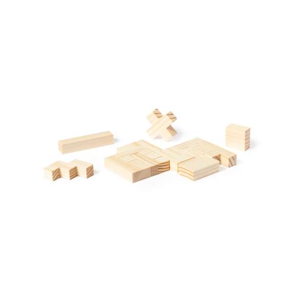 Juego de habilidad fabricado en resistente madera. Con 13 piezas en caja de madera con tapa. Presentación en caja individual de diseño kraft.