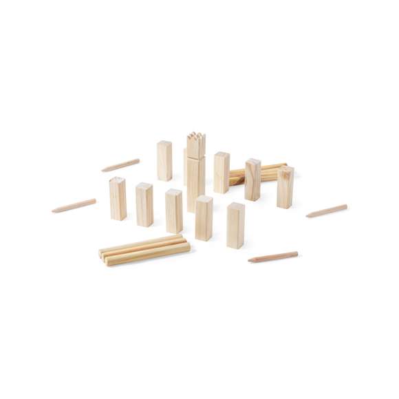 Juego ancestral de kubb fabricado en resistente madera natural de pino. Set de 21 piezas, en bolsa de transporte 100% algodón con cordón de cierre a juego. Presentación en caja individual de diseño kraft, con manual de instrucciones en español e inglés.