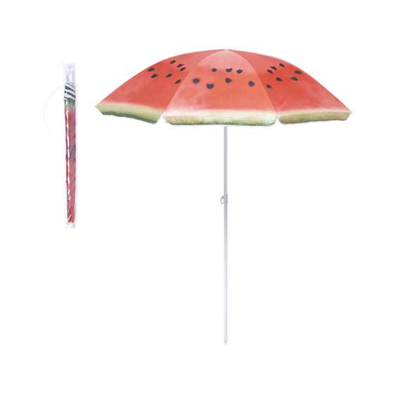Colorida sombrilla de playa con diseños frutales. 150 cm de diámetro, con 8 paneles en resistente nylon y faldones laterales ribeteados. Tubos metalizados en color blanco y ajustable en altura. Presentada en funda transparente con cinta de transporte para hombro.