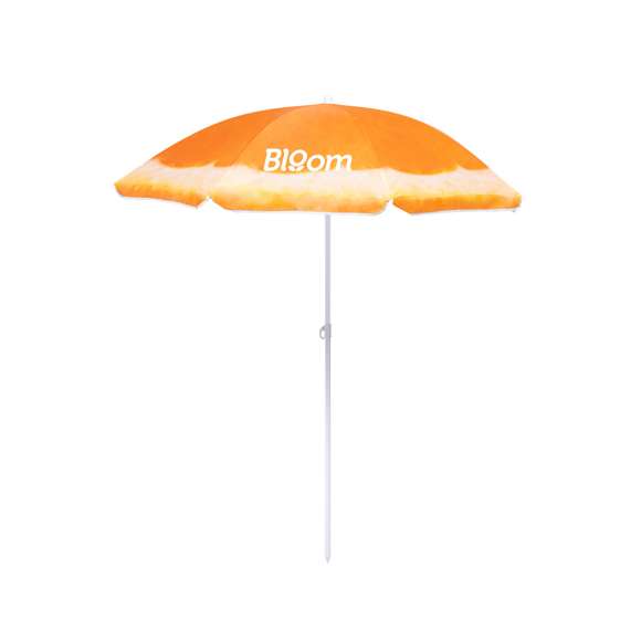 Colorida sombrilla de playa con diseños frutales. 150 cm de diámetro, con 8 paneles en resistente nylon y faldones laterales ribeteados. Tubos metalizados en color blanco y ajustable en altura. Presentada en funda transparente con cinta de transporte para hombro.
