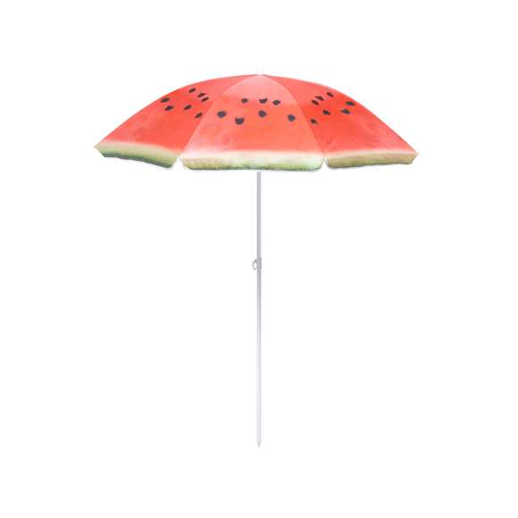 Colorida sombrilla de playa con diseños frutales. 150 cm de diámetro, con 8 paneles en resistente nylon y faldones laterales ribeteados. Tubos metalizados en color blanco y ajustable en altura. Presentada en funda transparente con cinta de transporte para hombro.