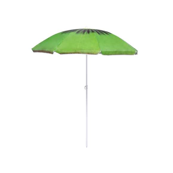 Colorida sombrilla de playa con diseños frutales. 150 cm de diámetro, con 8 paneles en resistente nylon y faldones laterales ribeteados. Tubos metalizados en color blanco y ajustable en altura. Presentada en funda transparente con cinta de transporte para hombro.