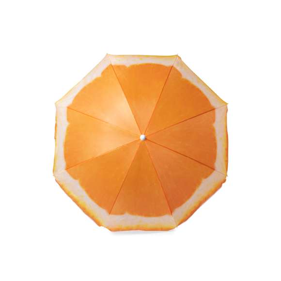 Colorida sombrilla de playa con diseños frutales. 150 cm de diámetro, con 8 paneles en resistente nylon y faldones laterales ribeteados. Tubos metalizados en color blanco y ajustable en altura. Presentada en funda transparente con cinta de transporte para hombro.