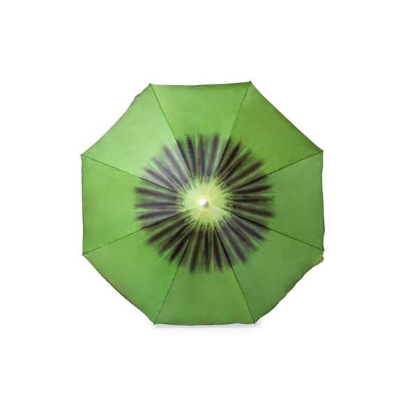 Colorida sombrilla de playa con diseños frutales. 150 cm de diámetro, con 8 paneles en resistente nylon y faldones laterales ribeteados. Tubos metalizados en color blanco y ajustable en altura. Presentada en funda transparente con cinta de transporte para hombro.