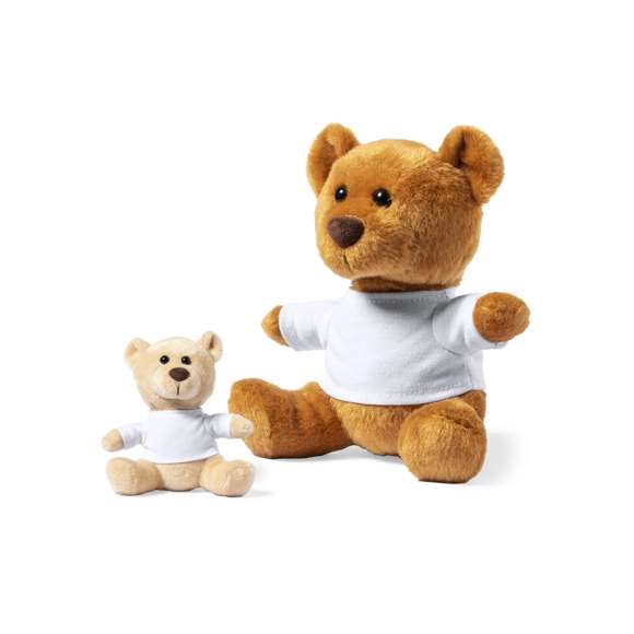  	Tierno y suave osito de peluche, disponible en tonos natural y marrón. Con camiseta blanca extraíble para fácil marcaje.