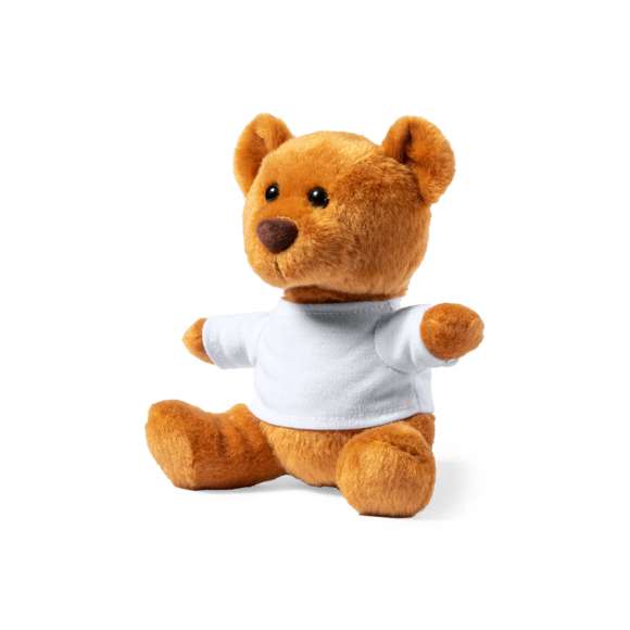  	Tierno y suave osito de peluche, disponible en tonos natural y marrón. Con camiseta blanca extraíble para fácil marcaje.